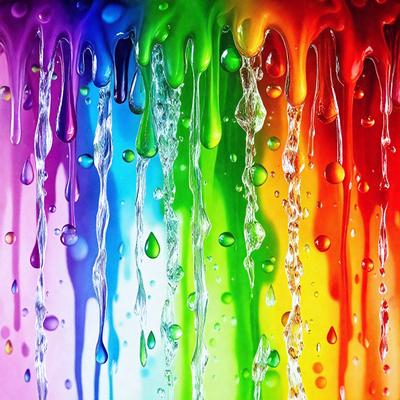 The primary subject of the image is a colorful, dripping painting. The painting features a variety of colors, including red, green, blue, and yellow. The setting is a white background, which provides a clean and uncluttered look. The visual style of the image is a combination of photo and digital art, creating a unique and vibrant appearance. The colors and mood of the painting are lively and energetic, evoking a sense of creativity and artistic expression.